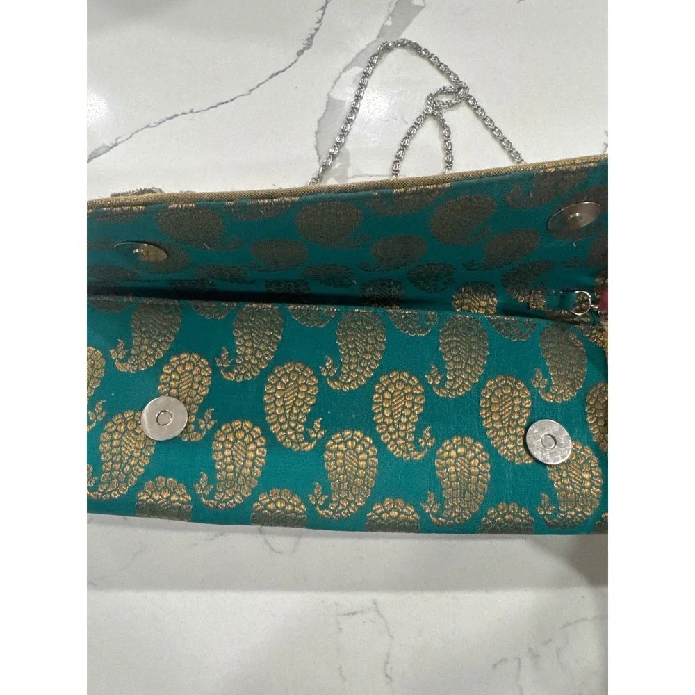 Teal Green Gold Paisley Brocade Clutch Evening Bag Rhinestone Flower Crystal